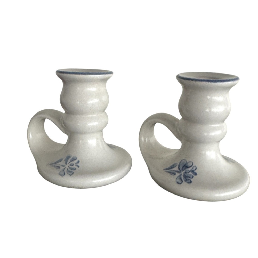 Pfaltzgraff Yorktowne Stoneware Chamberstick Candlestick Holder Pair Blue Floral